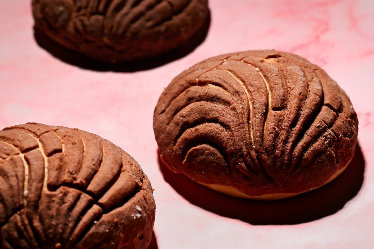 Acercamiento de pan dulce mexicano de chocolate recién hecho